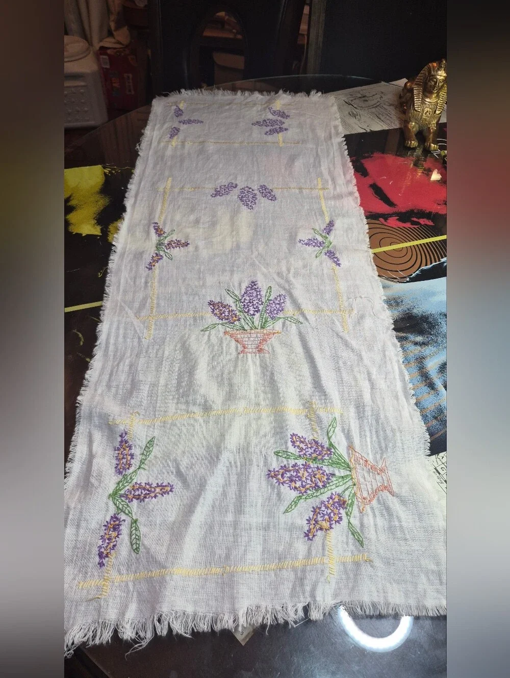 Embroidered Lavender Bouquet Table Runner - White